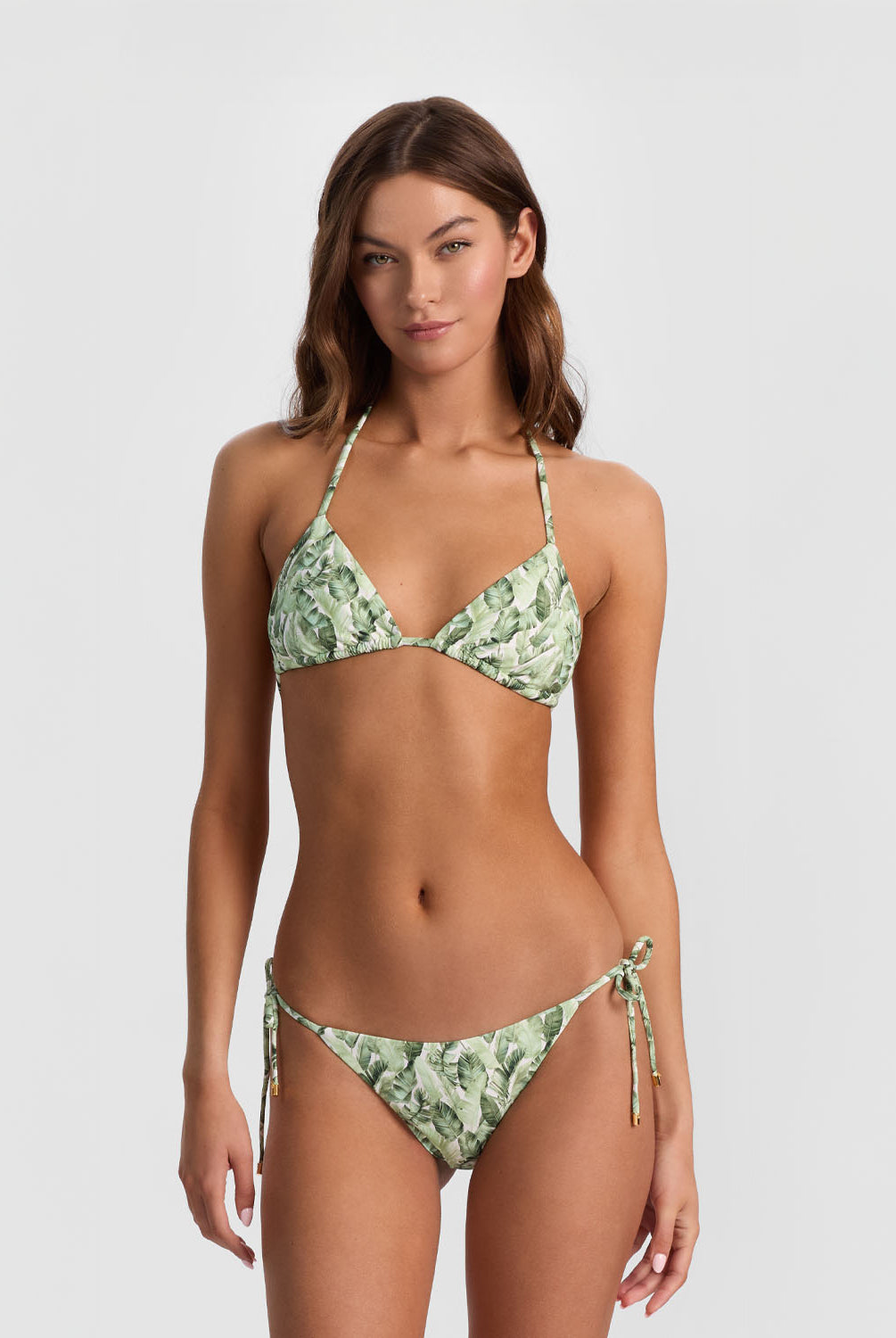 Floral Palm Triangle Top with tropical palm print and classic triangle silhouette