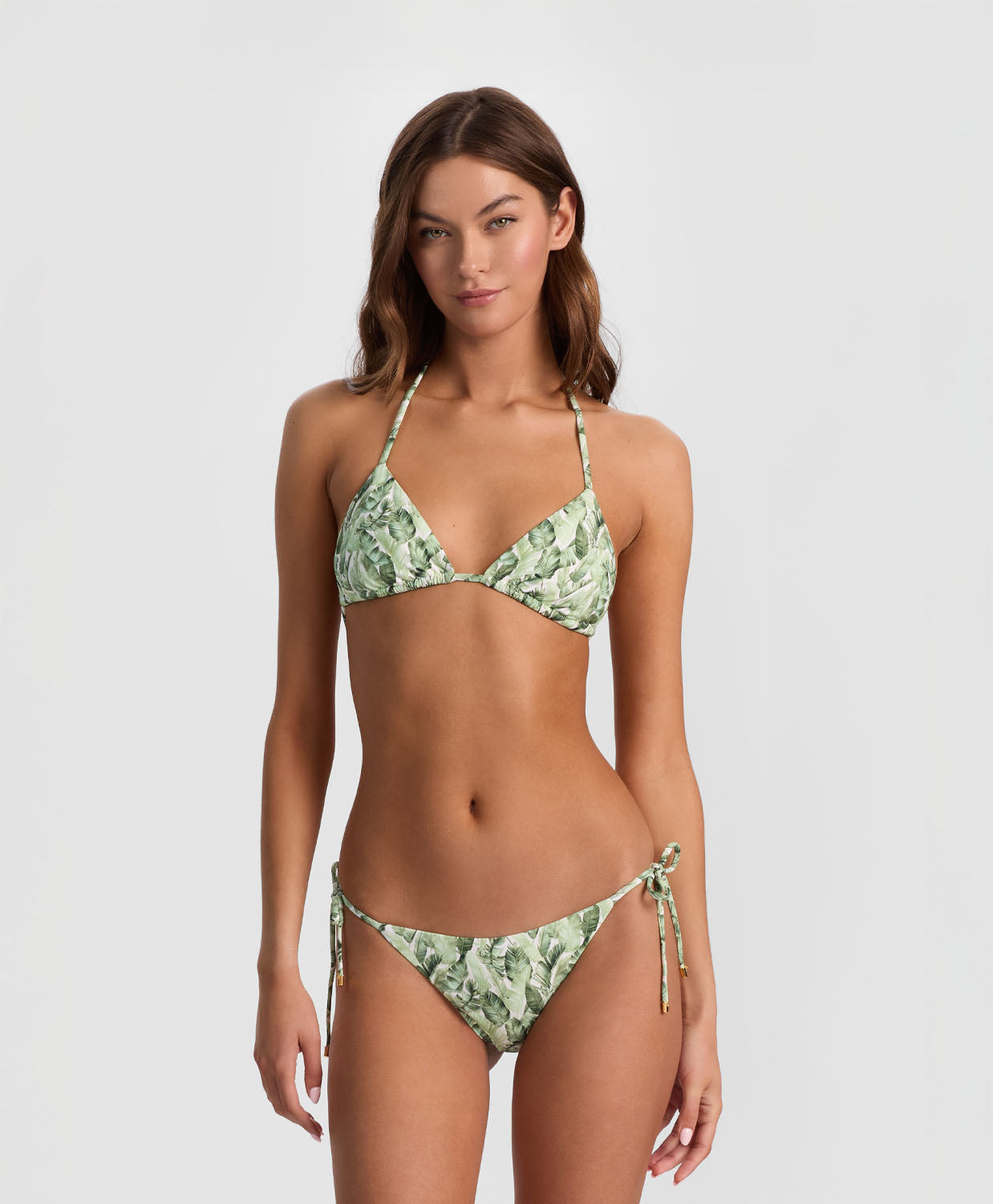 Floral Palm Triangle Top with tropical palm print and classic triangle silhouette
