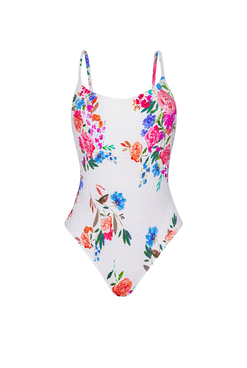 Model wearing the Smocked Elodie One Piece swimsuit in a vibrant floral print