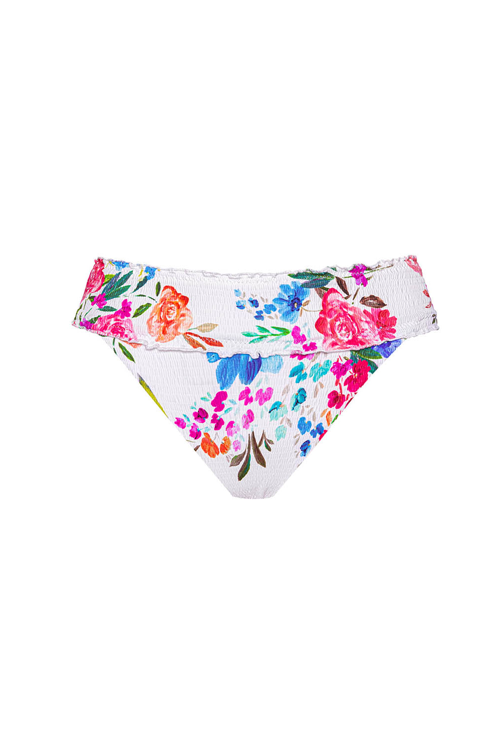 Florencia Smocked High Waist Bottom in vibrant floral print, featuring a high-rise cut