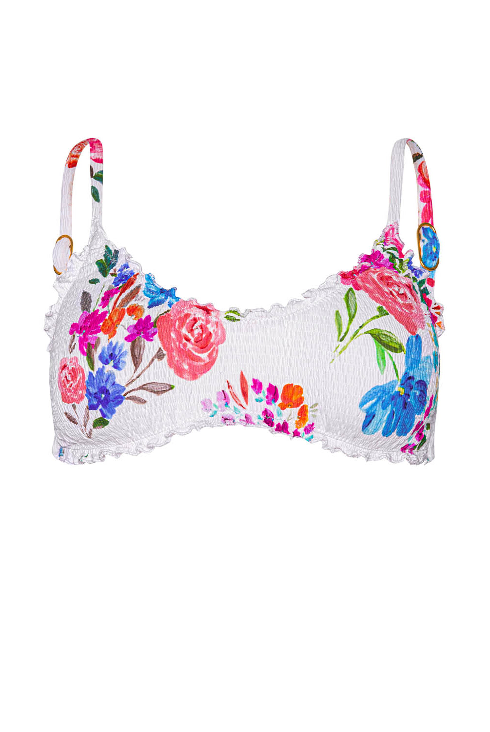 Florencia Smocked Lettuce Edge Bralette Top featuring a scoop neckline, vibrant floral smocked fabric