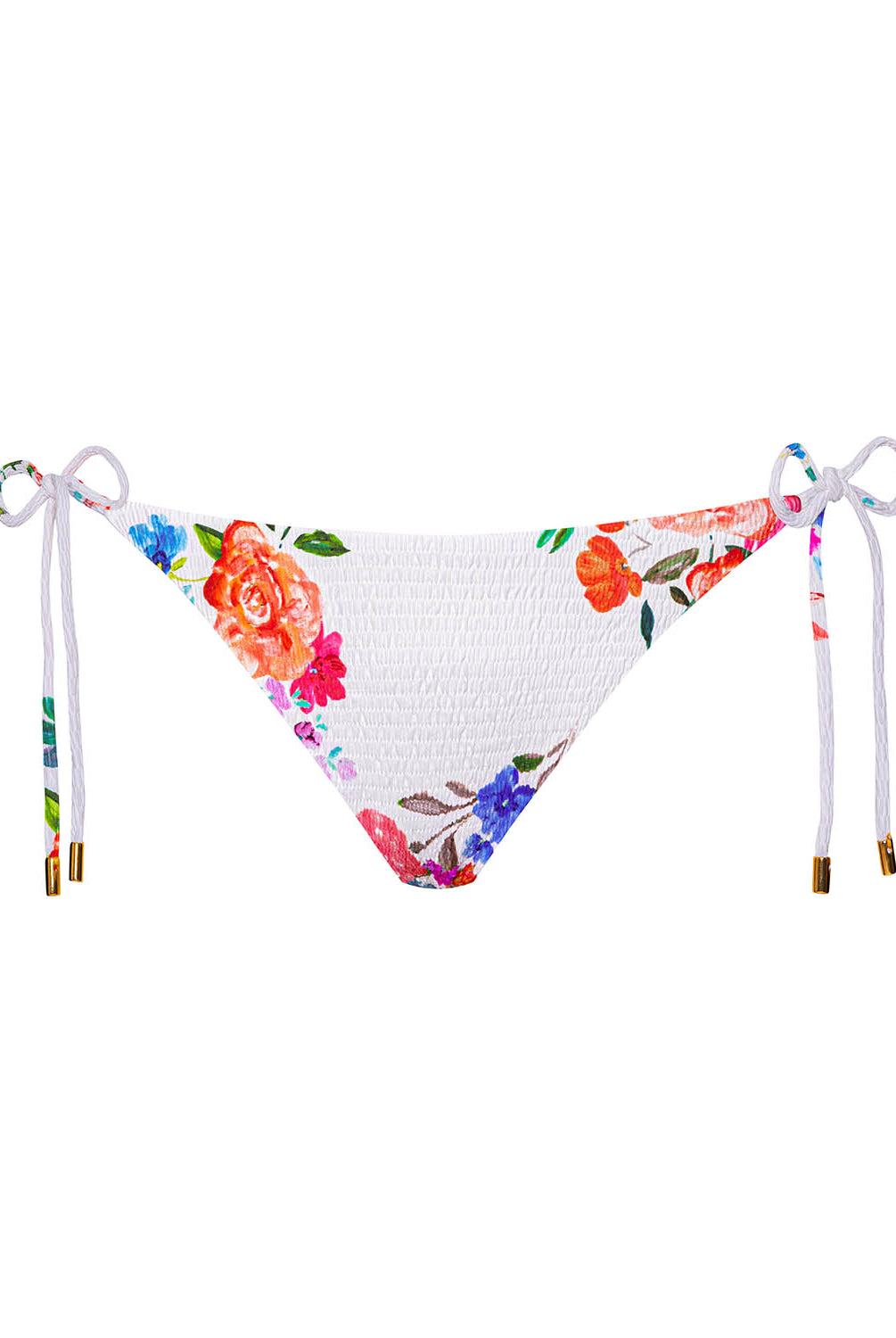 Florencia Smocked Tie Side Bikini Bottom in a vibrant floral pattern, featuring soft smocked fabric