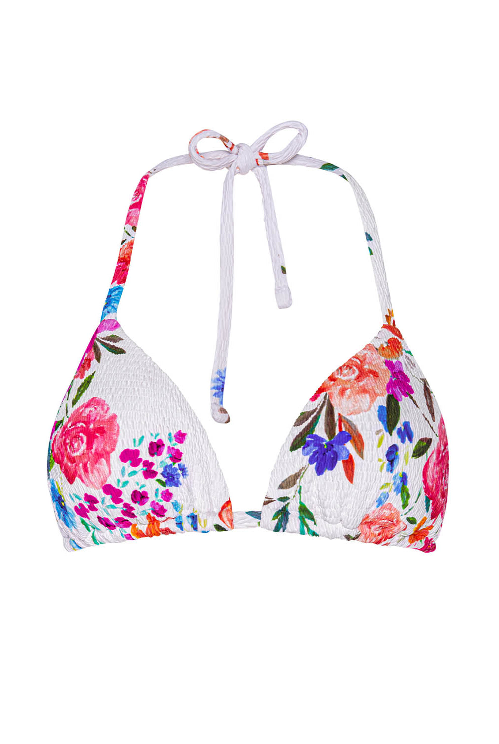 White smocked triangle bikini top with colorful floral print, featuring adjustable neck and back ties for a playful, feminine look.