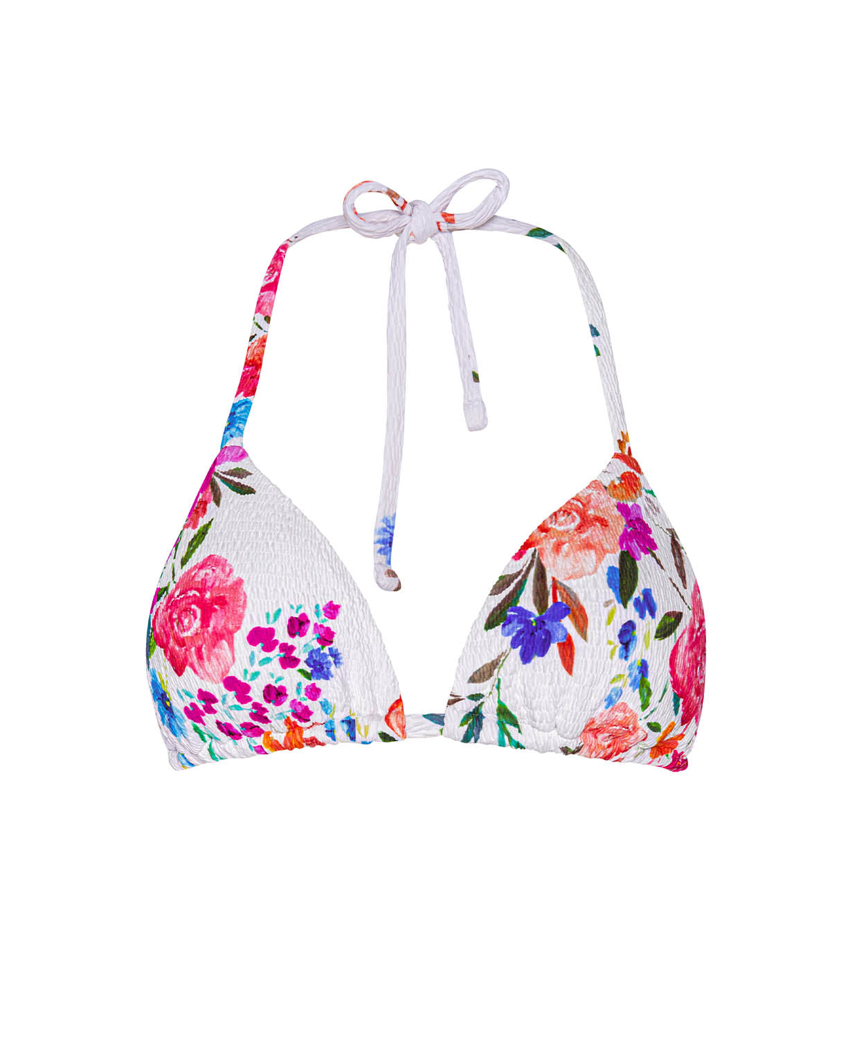 White smocked triangle bikini top with colorful floral print, featuring adjustable neck and back ties for a playful, feminine look.