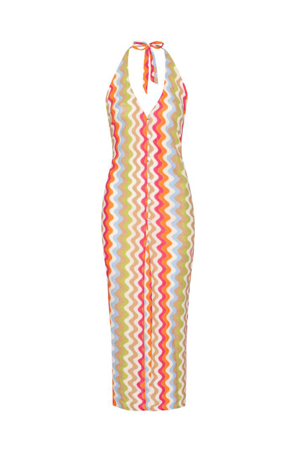Jacka Mae Halter Dress in multicolor zigzag shimmer pattern