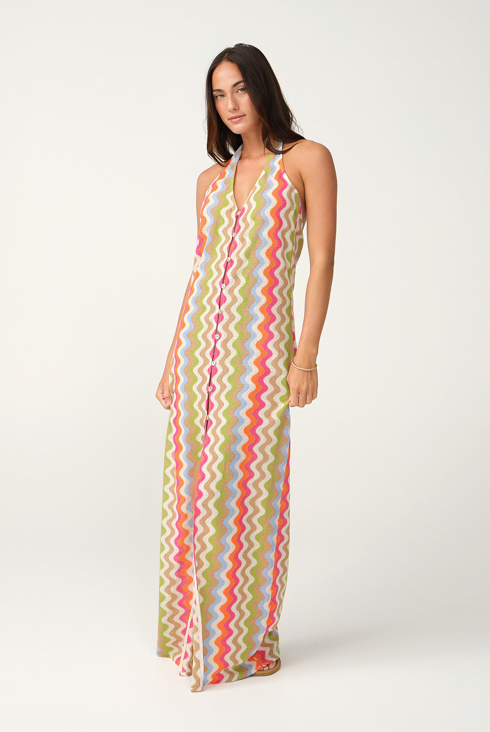Jacka Mae Halter Dress in multicolor zigzag shimmer pattern
