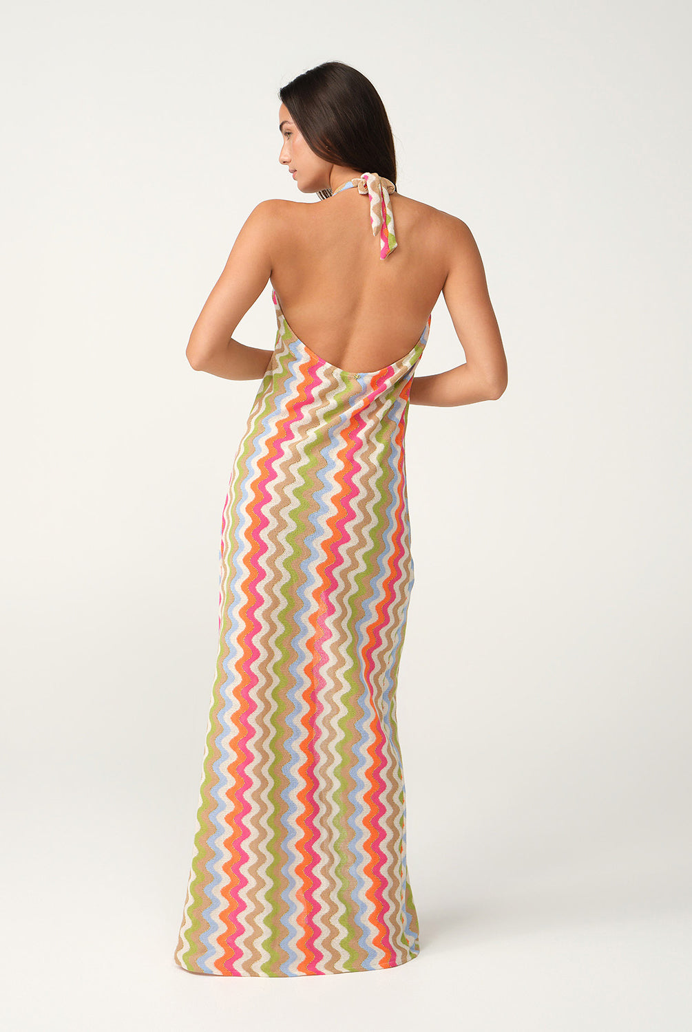 Jacka Mae Halter Dress in multicolor zigzag shimmer pattern