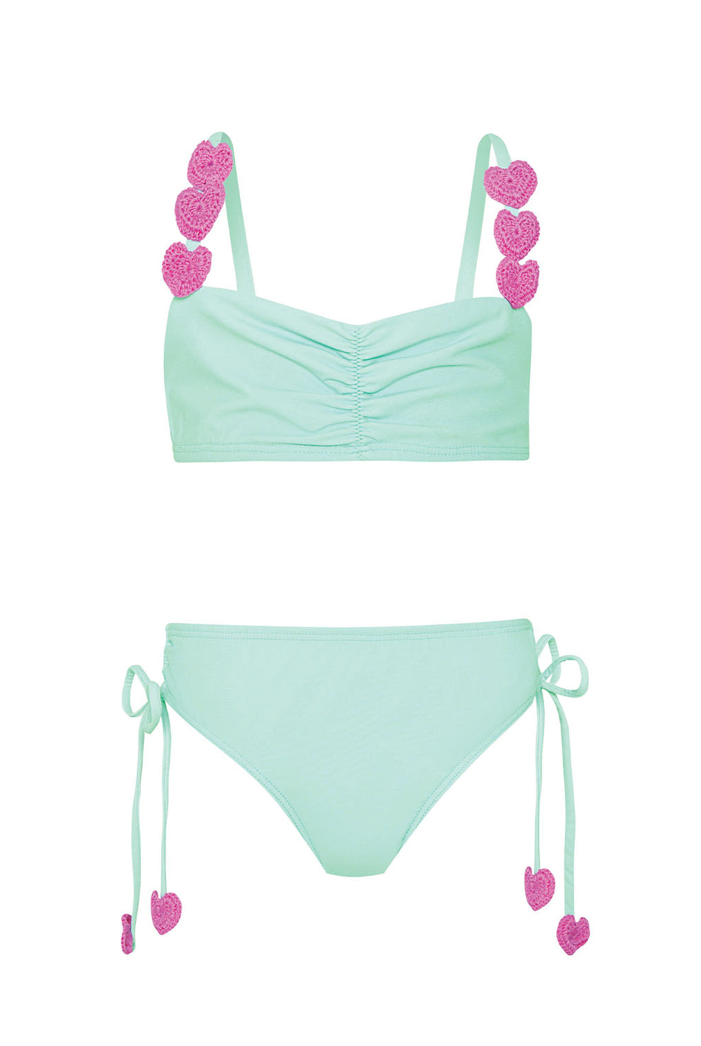 Kids Aqua Hearts Bikini with pink heart embroidery and adjustable tie straps, a playful aqua two-piece for sunny days.