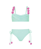 Kids Aqua Hearts Bikini with pink heart embroidery and adjustable tie straps, a playful aqua two-piece for sunny days.