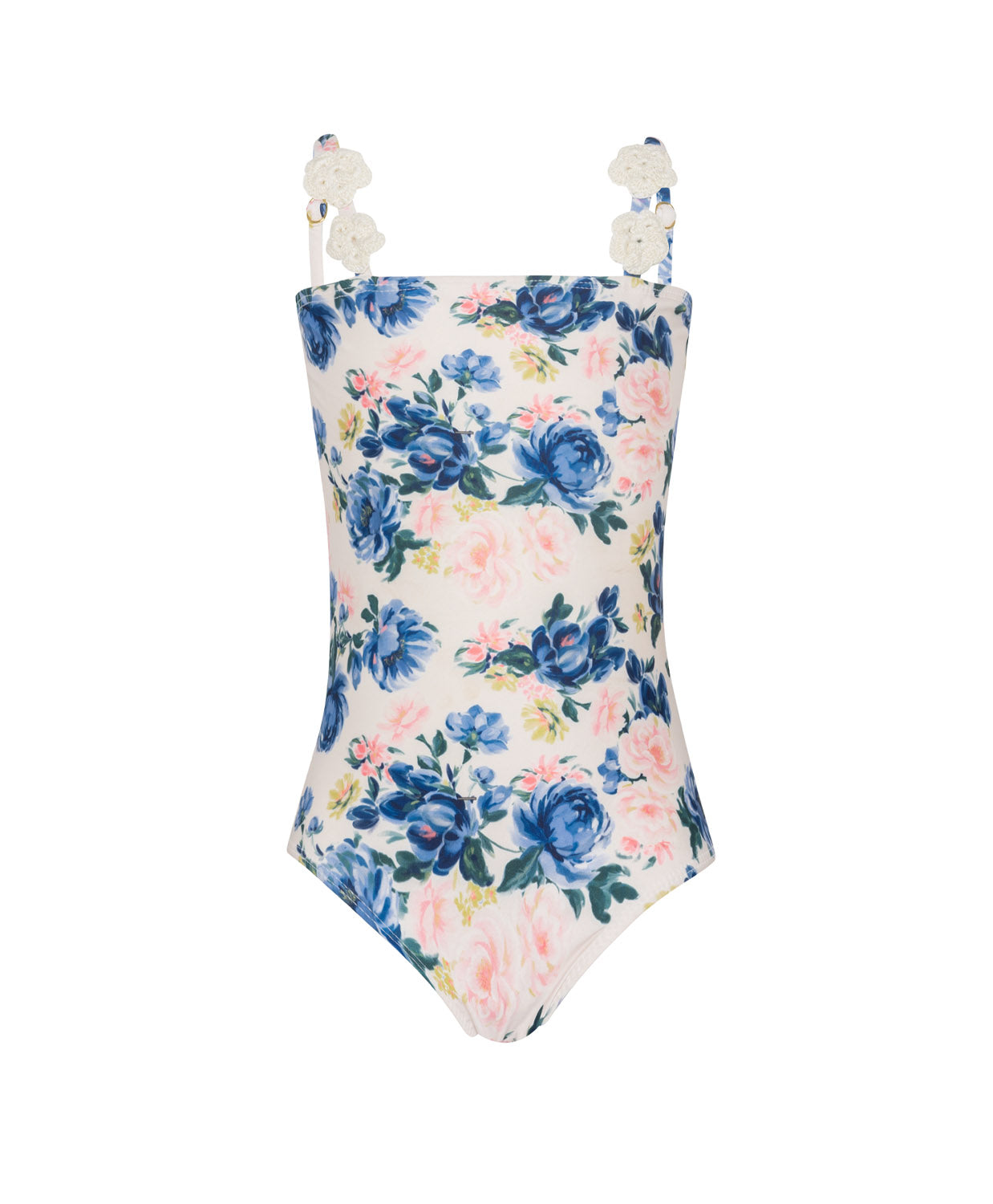 Kids Blossom Winnie Flower One Piece swimsuit with playful floral print and crochet flower straps for sunny adventures.