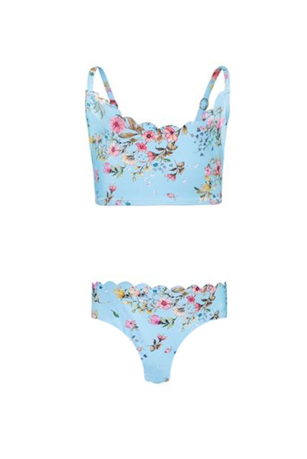 Kids Dolce Remy Seamless Bikini in soft blue floral print with scalloped trim and adjustable straps.