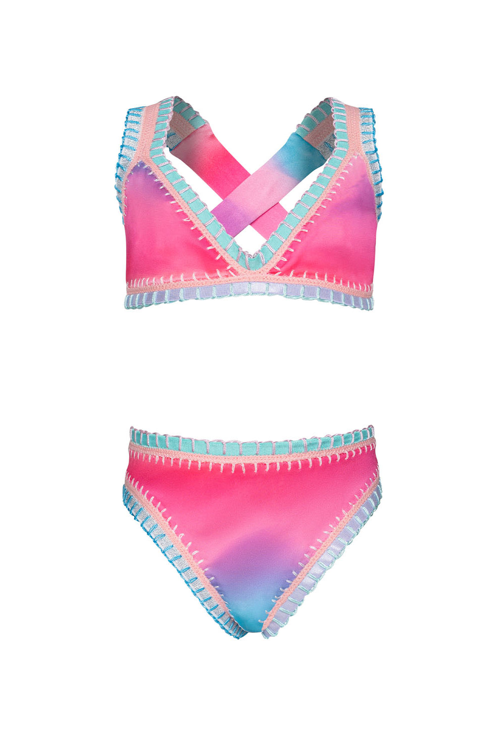 Kids Dreamy Rainbow Embroidered Bikini featuring colorful tie-dye design and exposed elastic detailing inspired by Solange Ferrarini.