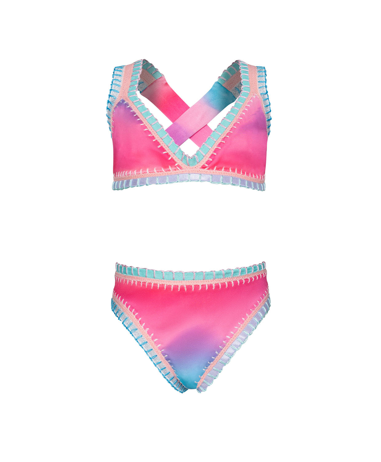 Kids Dreamy Rainbow Embroidered Bikini featuring colorful tie-dye design and exposed elastic detailing inspired by Solange Ferrarini.