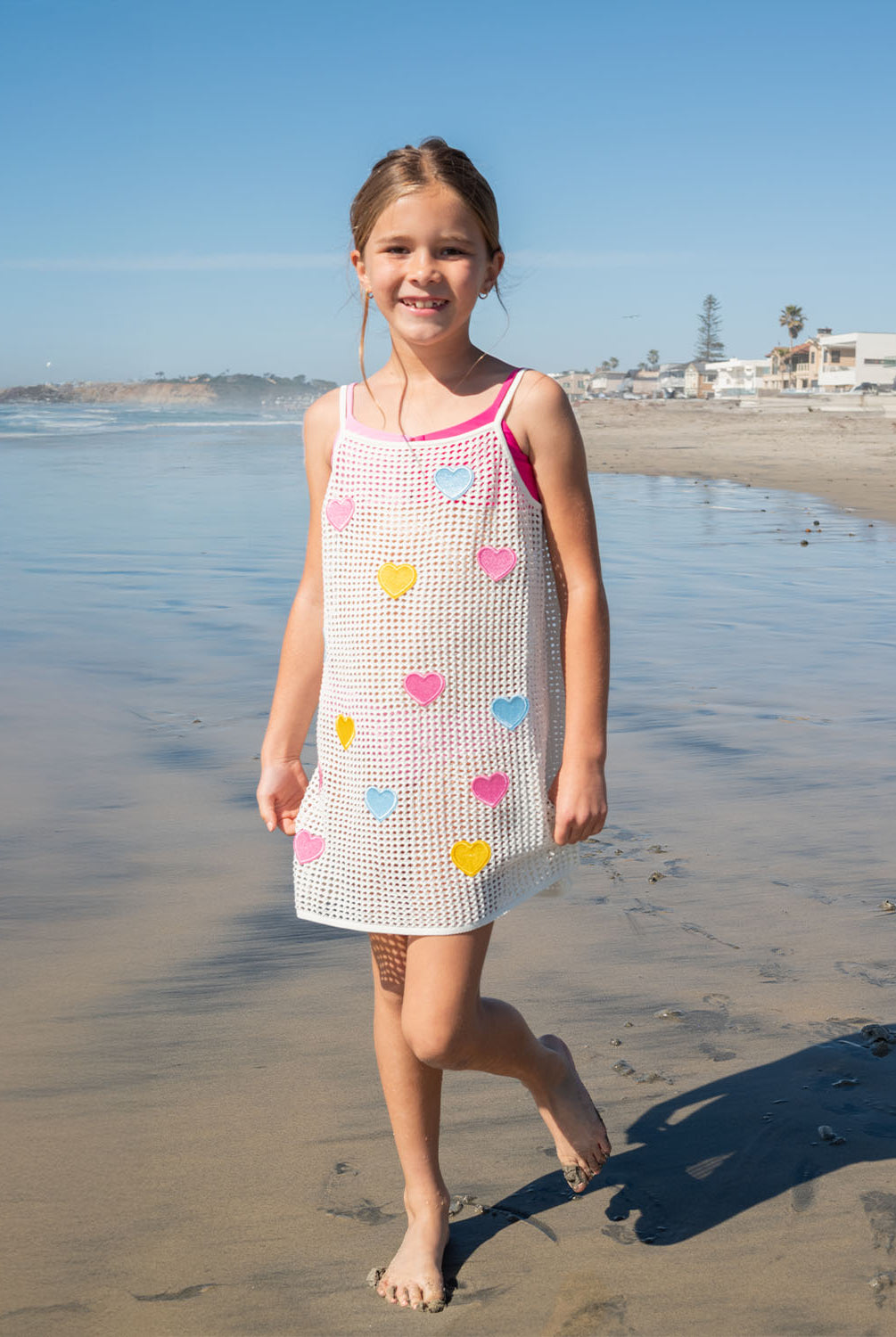 Kids Heart Olivia Cover Up – crochet knit dress with pastel rainbow hearts, light and playful for sunny adventures.