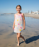 Kids Heart Olivia Cover Up – crochet knit dress with pastel rainbow hearts, light and playful for sunny adventures.