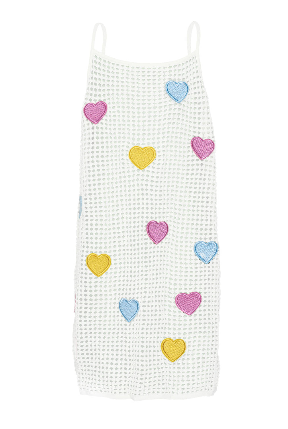 Kids Heart Olivia Cover Up – crochet knit dress with pastel rainbow hearts, light and playful for sunny adventures.