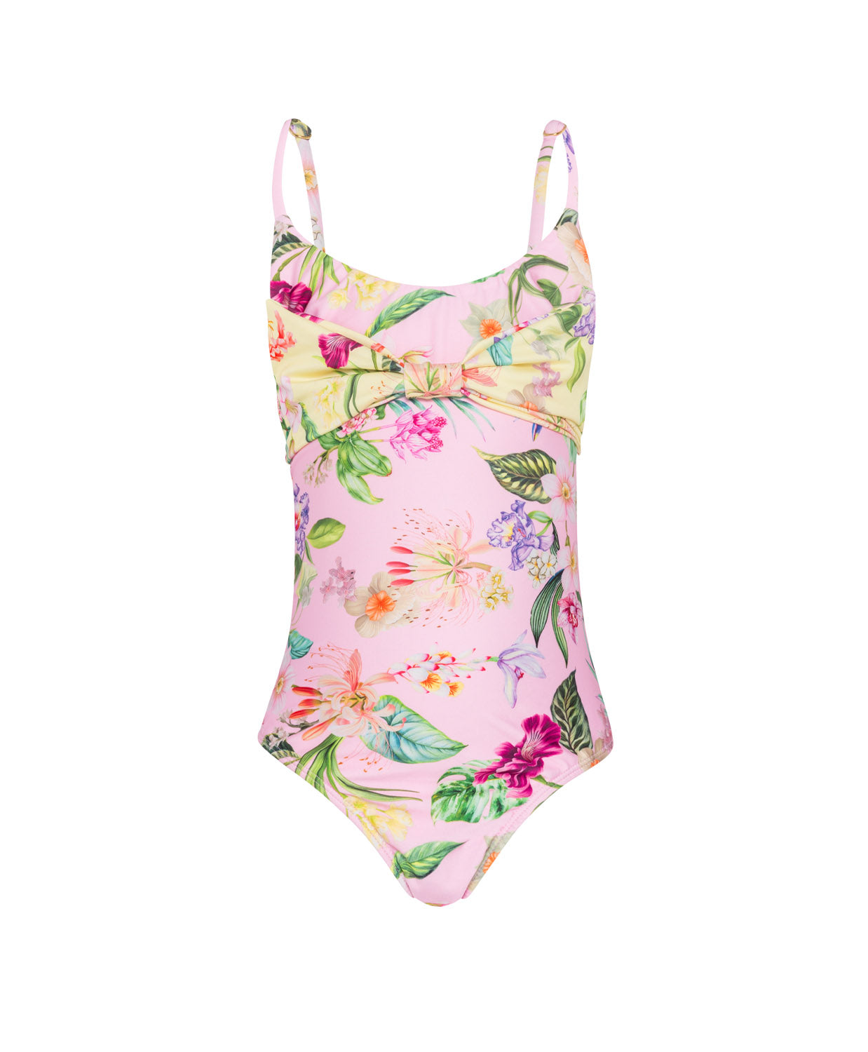 Kids Paradise Bloom Daisy One Piece floral swimsuit with yellow bow accent, adjustable straps, and tie-back design.