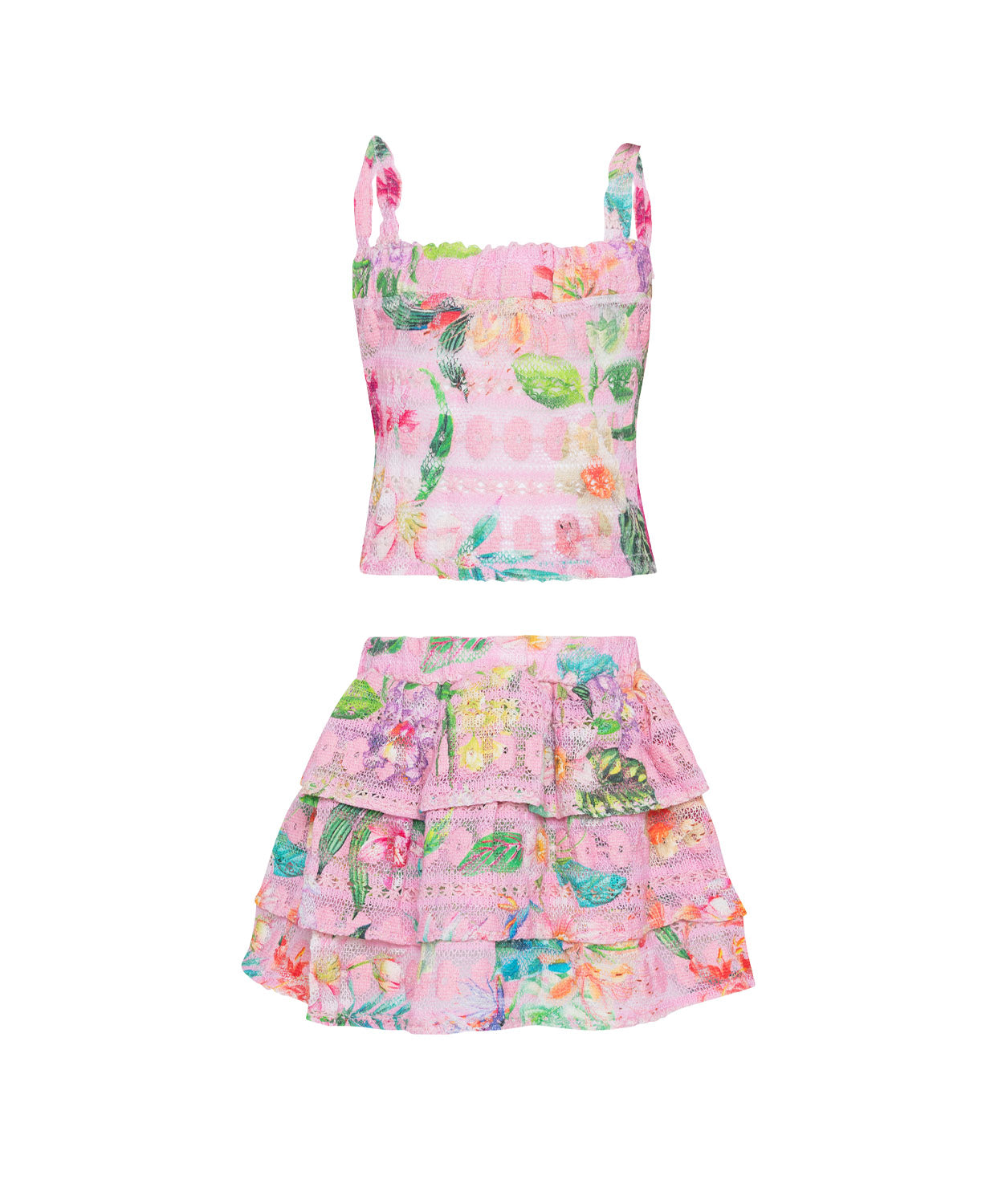 Kids Paradise Bloom Lucy Ruffle Skirt Set with tropical floral crochet fabric, playful ruffle skirt, and adjustable tie top for sunny adventures.