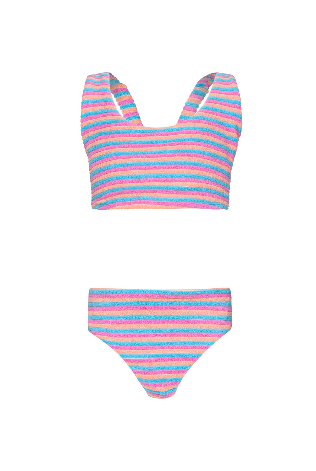 Kids Sherbet Finley Bikini in colorful striped terry cloth, a playful two-piece swimwear for girls.