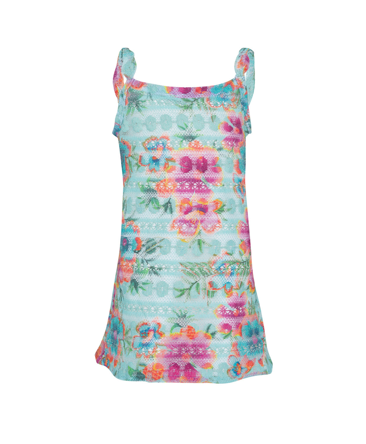Kids Solana Grace Tie Dress in blue tropical floral print with adjustable tie straps and playful crochet design.