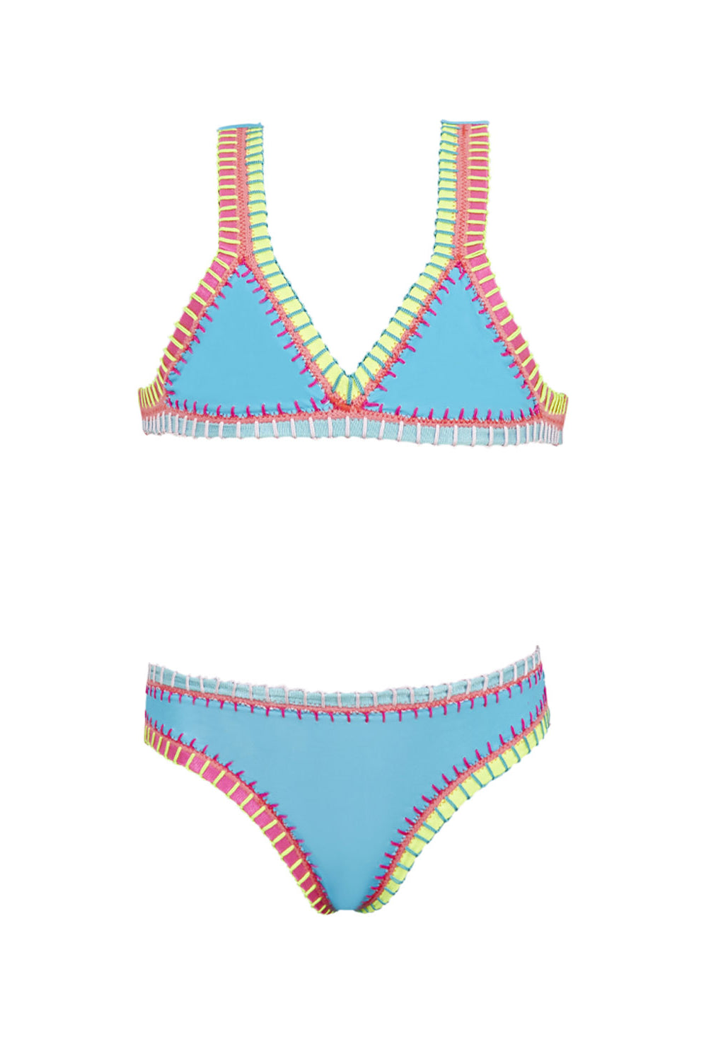 Kids Turquoise Rainbow Embroidered Bikini with exposed elastic detail and vibrant tropical colors.