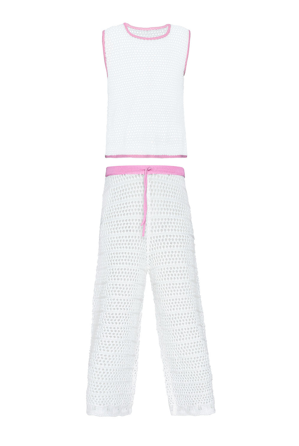Kids White Chloe Set – a playful white crochet outfit with pink accents and a drawstring waist, perfect for sunny adventures.