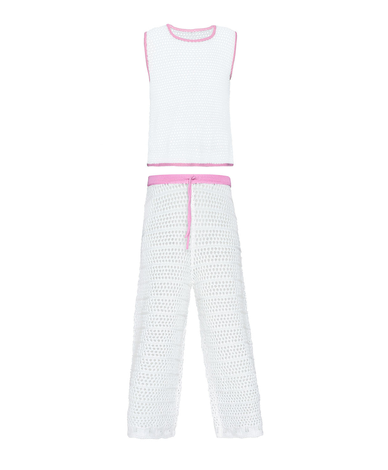 Kids White Chloe Set – a playful white crochet outfit with pink accents and a drawstring waist, perfect for sunny adventures.