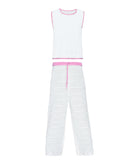 Kids White Chloe Set – a playful white crochet outfit with pink accents and a drawstring waist, perfect for sunny adventures.