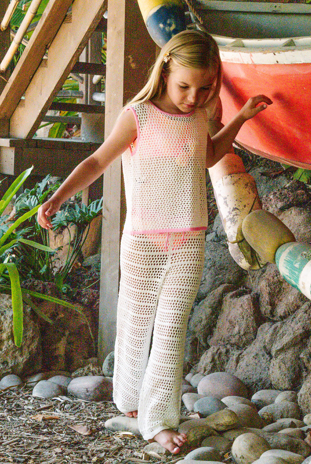 Kids White Chloe Set crochet outfit with pink accents and adjustable drawstring pants, perfect for sunny day adventures.