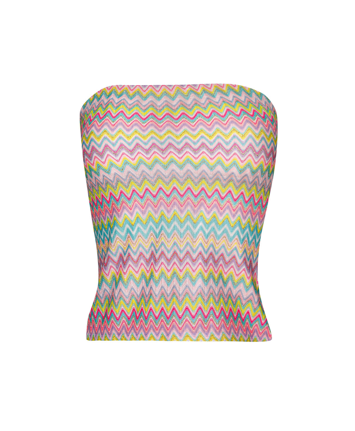 Love Spell Elle Strapless Top with shimmering pastel multicolor chevron print in a classic strapless silhouette.
