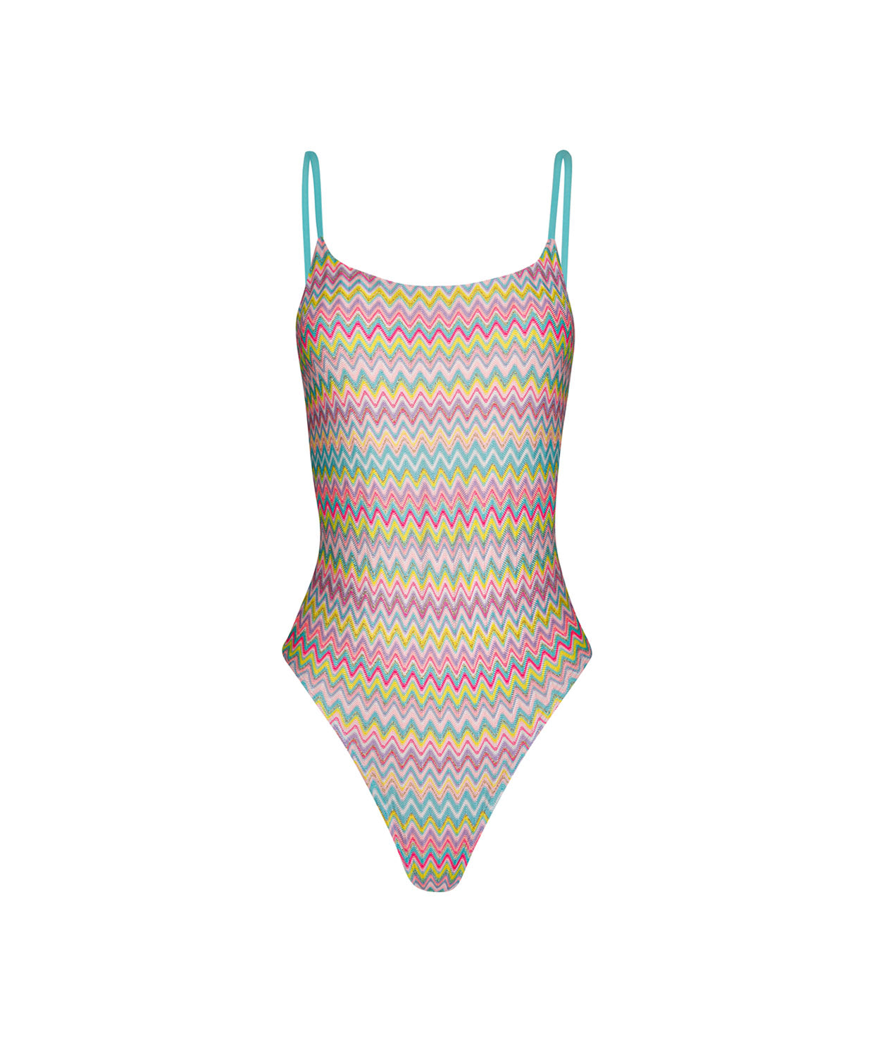 Love Spell Eloise One Piece swimsuit with shimmering pastel chevron print, low-cut back, and adjustable tie closures.