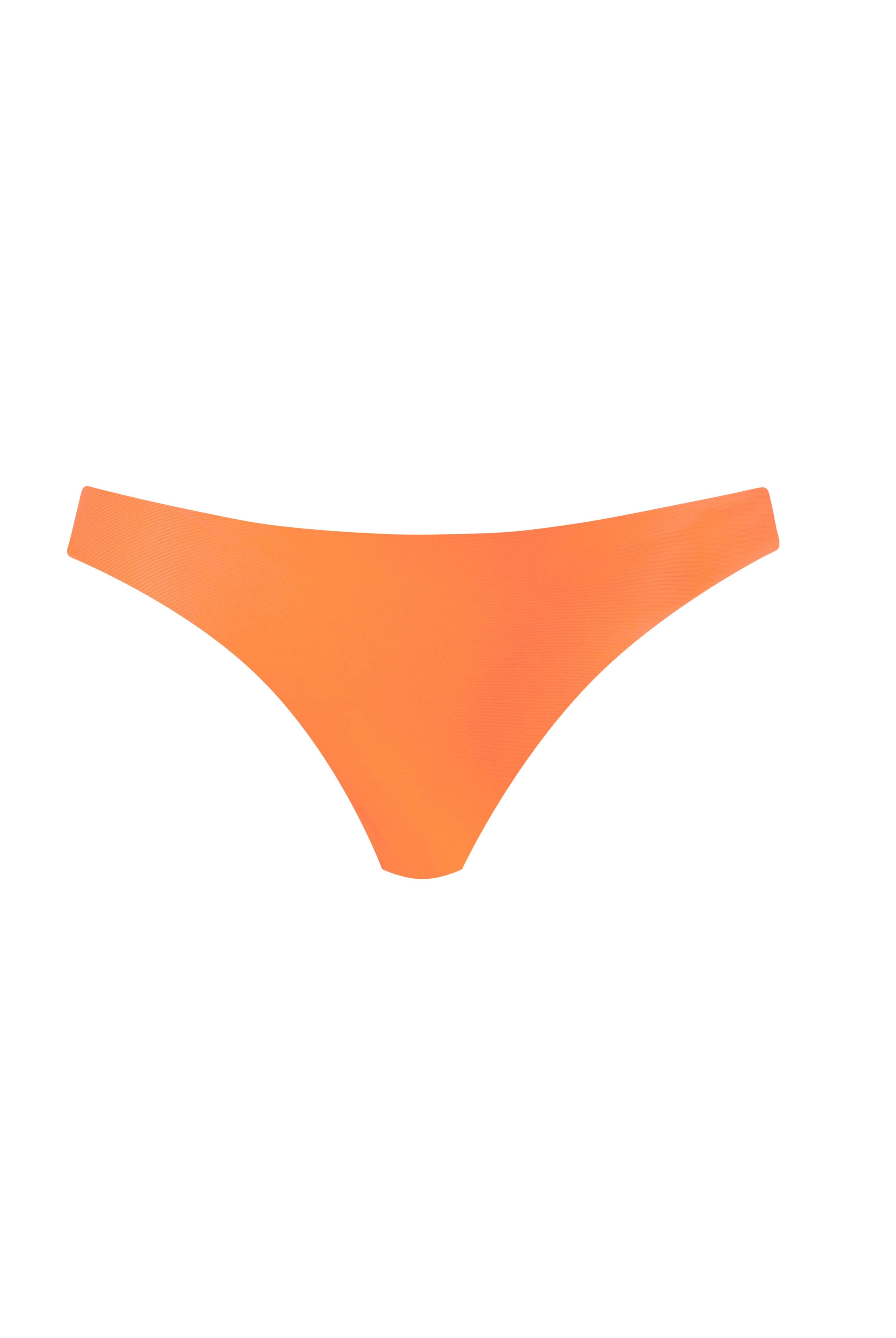 An orange bikini bottom against a white wall.