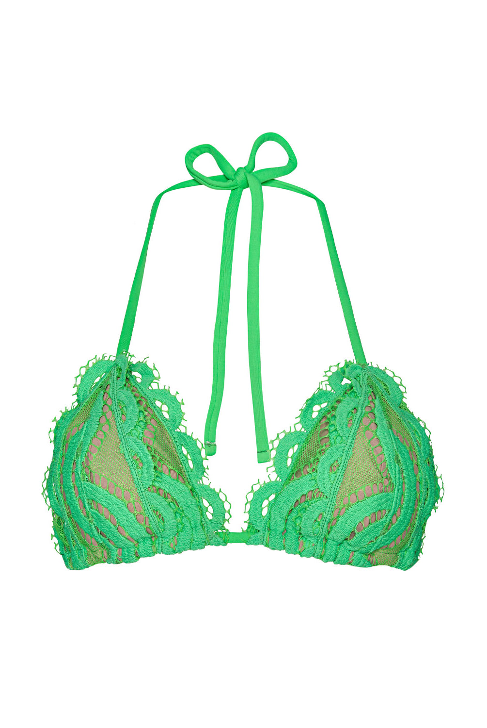 Matcha Lace Triangle Top in bright green hand-cut lace with adjustable tie straps