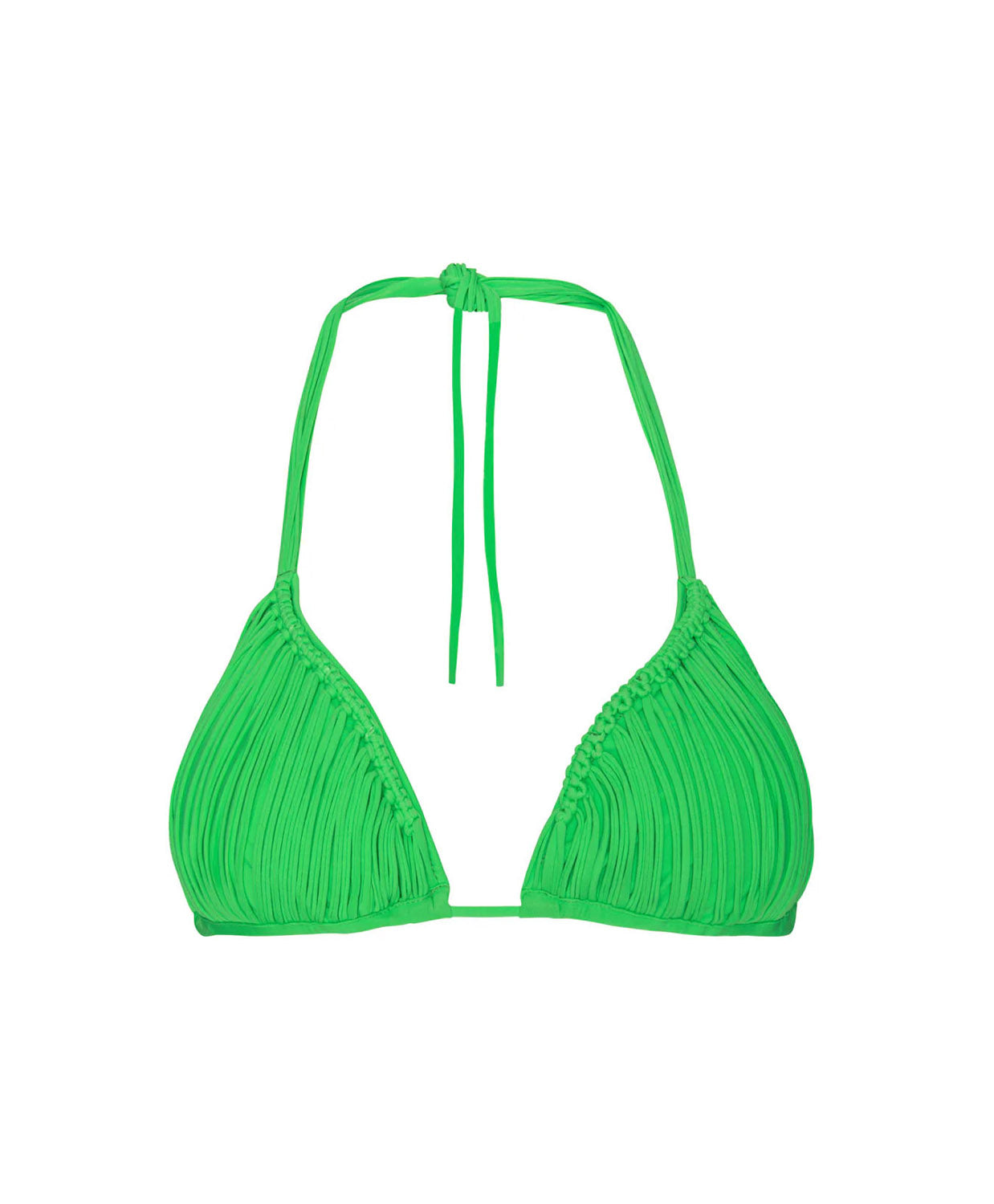 matcha skyla triangle top in bright green with handwoven macramé detailing