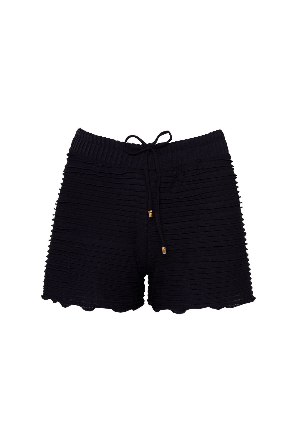 Midnight Adele Short—relaxed, ruffled resort shorts with adjustable tie waist and 24k gold-plated accents.