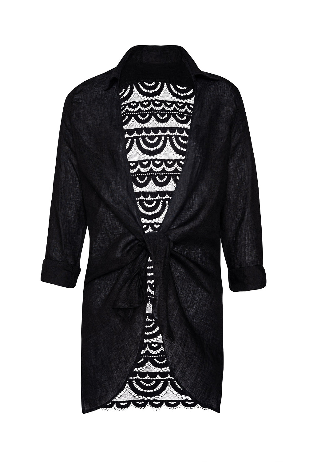 Midnight Lace Millie Tie Tunic in black linen with scalloped lace back and waist tie detail
