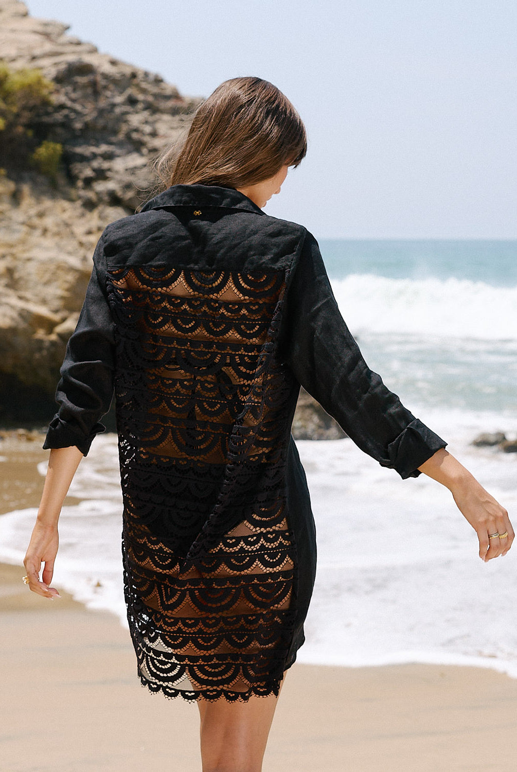 Midnight Lace Millie Tie Tunic in black linen with scalloped lace back and waist tie detail