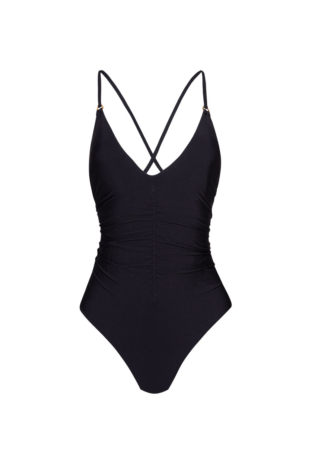 Black one-piece swimsuit with thin straps on a white background
