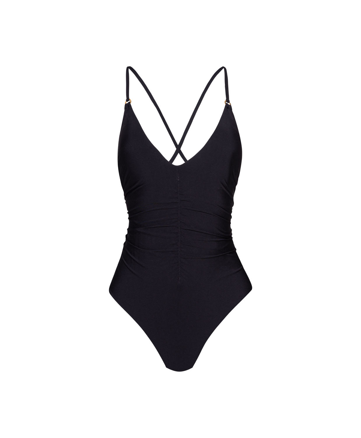 Black one-piece swimsuit with thin straps on a white background