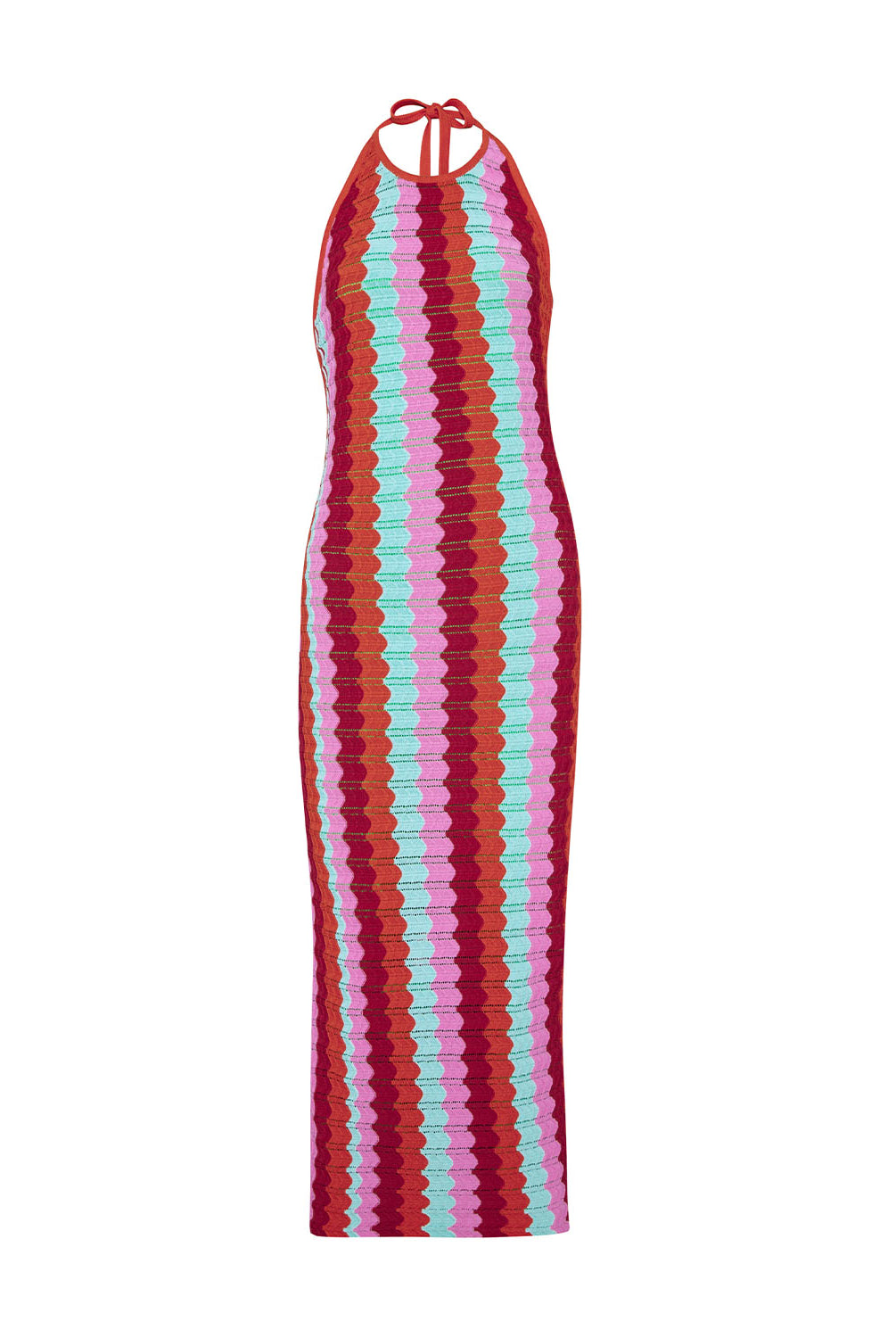 Floor-length multicolor crochet dress with a low back and halter neck ties, called the Milos Aurelia Dress.