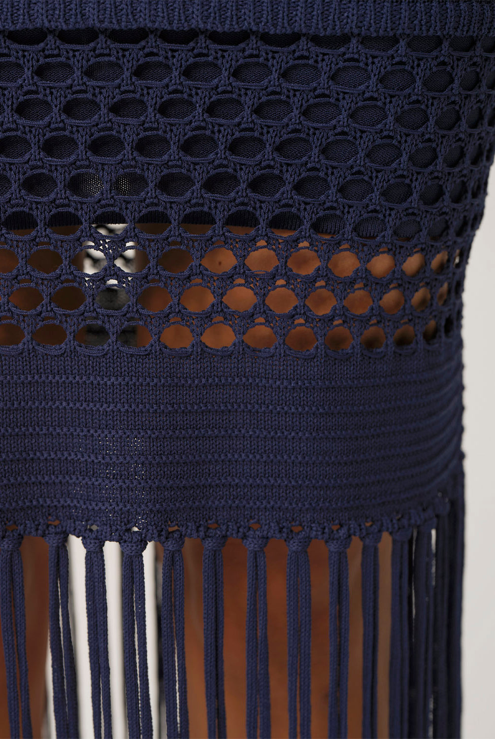 Navy Melissa Fringe Dress strapless fitted silhouette with fringe