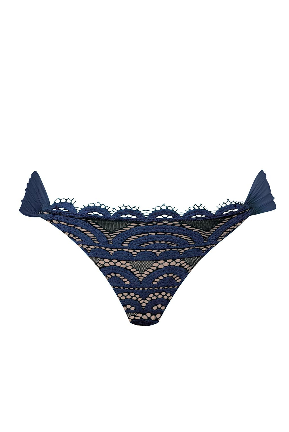 Pacific blue lace bikini bottom with ruched detailing and a fanned, cheeky-cut design