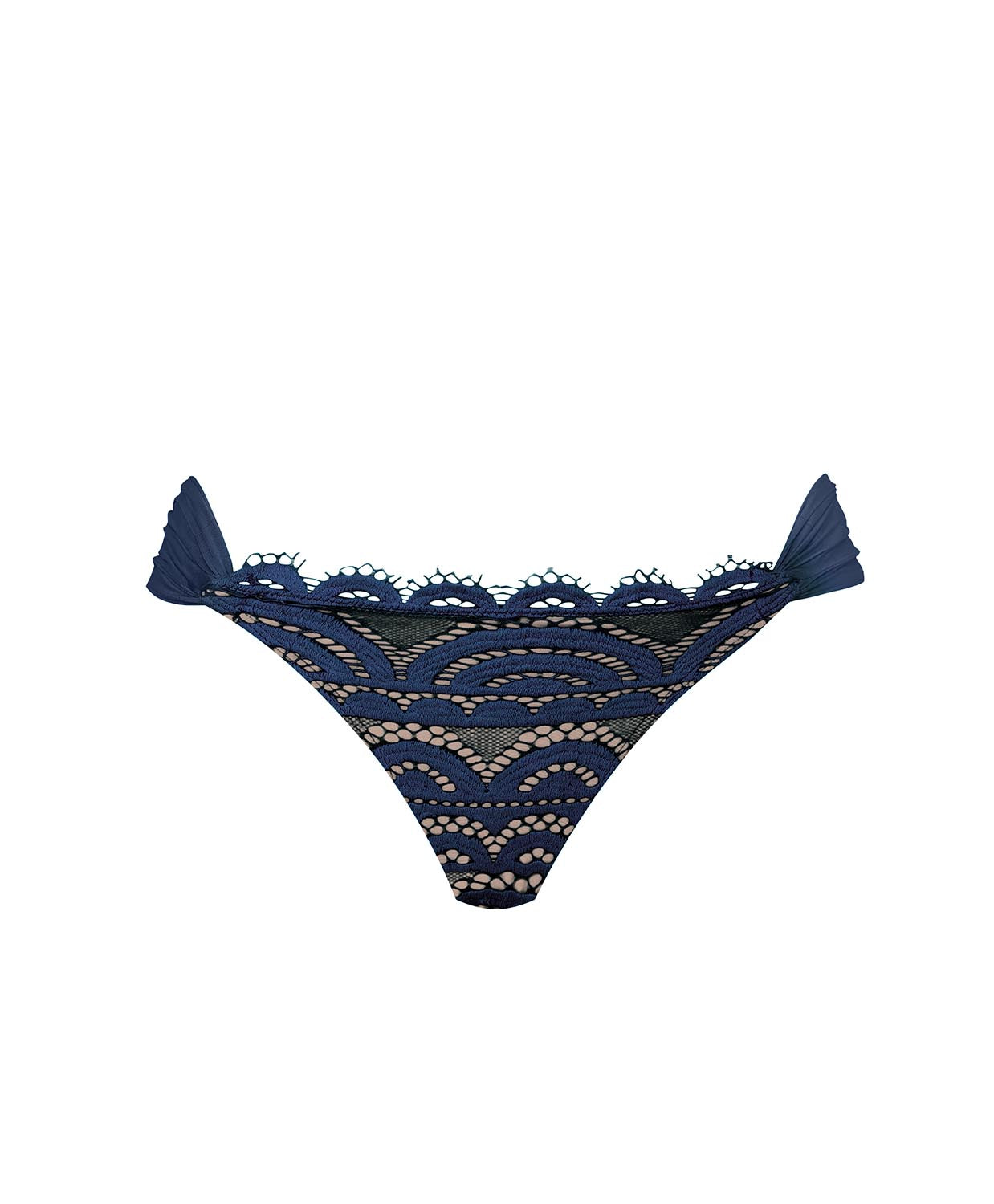 Pacific blue lace bikini bottom with ruched detailing and a fanned, cheeky-cut design