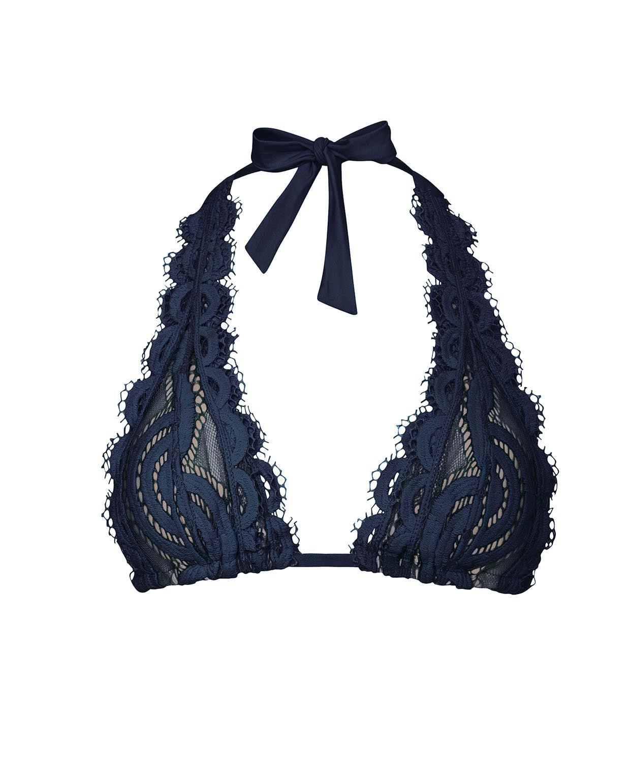 Blue lace halter bikini top featuring hand-cut lace detailing, supportive halter straps