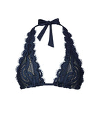 Blue lace halter bikini top featuring hand-cut lace detailing, supportive halter straps