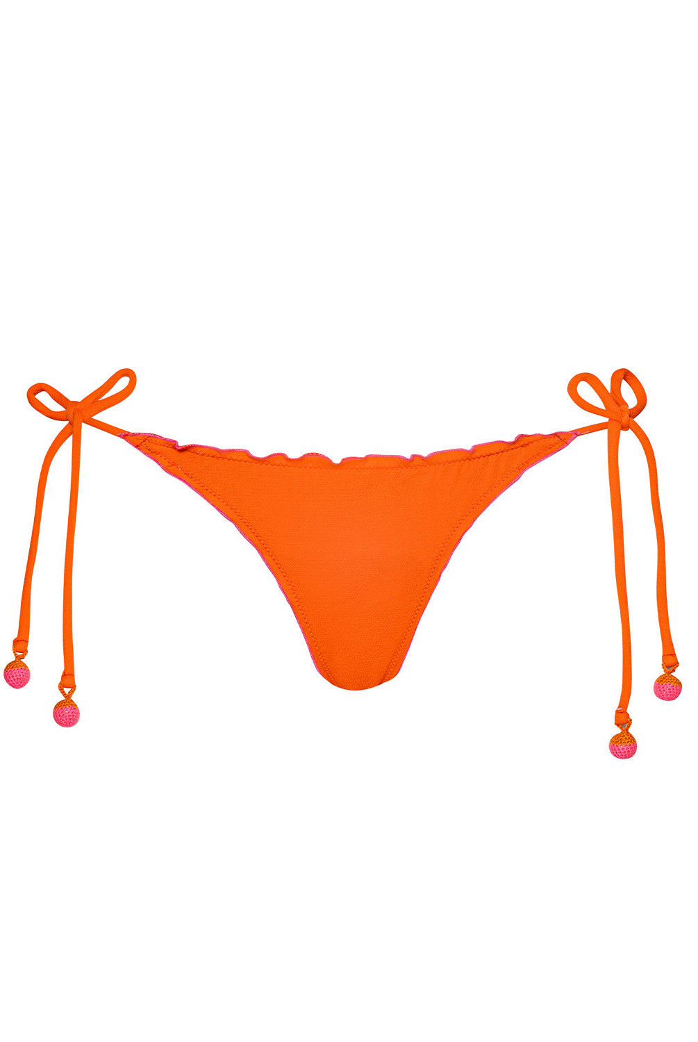 Paloma Lettuce Edge Tie Side Bottom in vibrant orange textured fabric with soft pink lettuce-edge trim, adjustable side ties, and subtle ruched back.