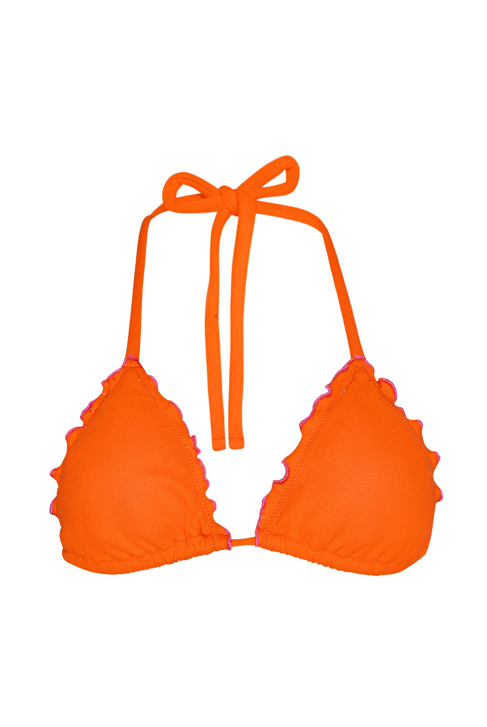 Paloma Lettuce Edge Triangle Top in vibrant orange textured fabric with pink ripple trim and hand-crocheted accents