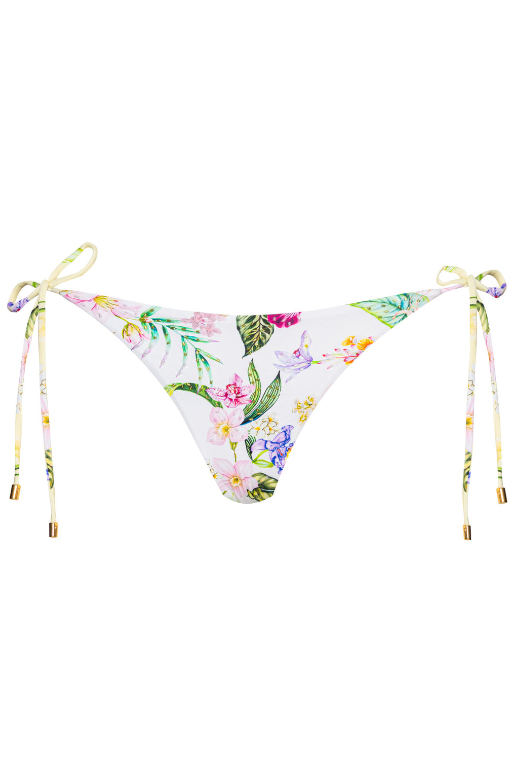Paradise Bloom Embroidered Tie Side Bottom with tropical floral embroidery, adjustable tie sides, and a flattering low-rise fit.