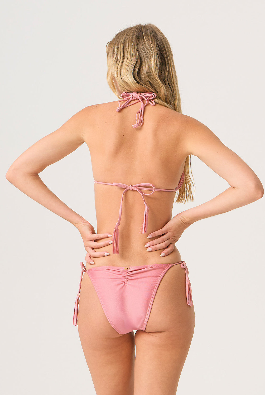 Pink Pearl Isla Triangle Top with handwoven macramé detailing in a classic triangle bikini style