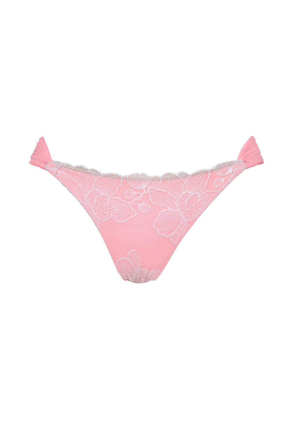 Pitaya Fanned Bottom low-rise pink bikini bottom with fanned sides and floral texture